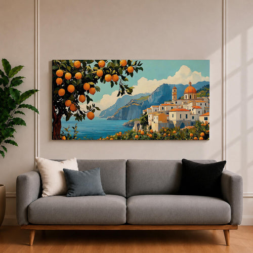 Panoramic coastal artwork showing a Mediterranean village overlooking the sea with white buildings and a domed church set against blue mountains. In the foreground a large lemon tree heavy with bright citrus fruit frames the scene while additional lemons and greenery fill the lower landscape, creating a vibrant Amalfi Coast inspired composition.