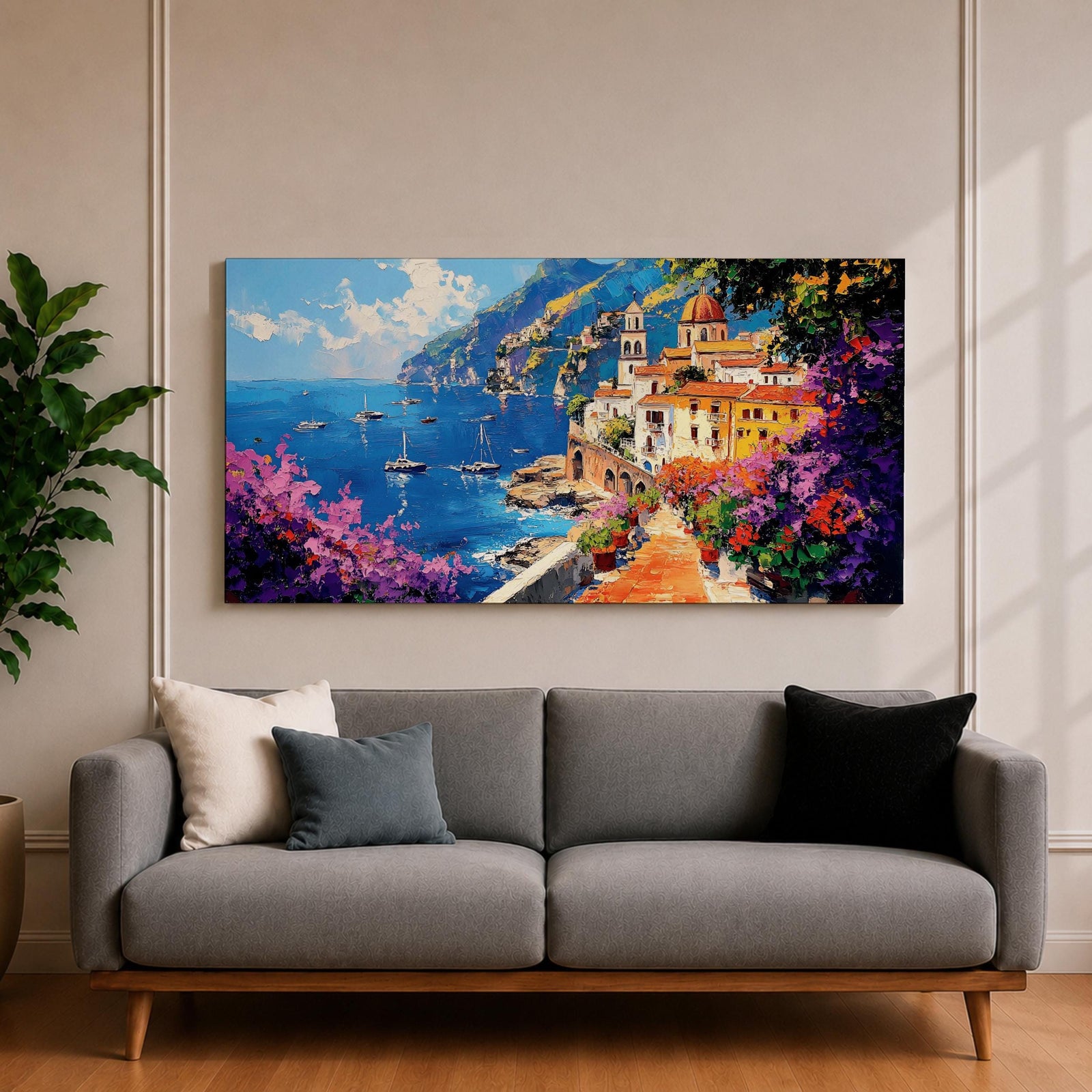 Panoramic painting of the Amalfi Coast featuring a colorful seaside village perched above deep blue Mediterranean water. Boats float across the bay while a stone path lined with blooming bougainvillea leads toward warm sunlit buildings and a domed church, with dramatic coastal cliffs and mountains rising in the distance.