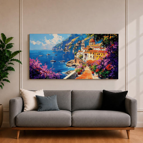 Panoramic painting of the Amalfi Coast featuring a colorful seaside village perched above deep blue Mediterranean water. Boats float across the bay while a stone path lined with blooming bougainvillea leads toward warm sunlit buildings and a domed church, with dramatic coastal cliffs and mountains rising in the distance.