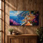 Panoramic painting of the Amalfi Coast featuring a colorful seaside village perched above deep blue Mediterranean water. Boats float across the bay while a stone path lined with blooming bougainvillea leads toward warm sunlit buildings and a domed church, with dramatic coastal cliffs and mountains rising in the distance.