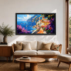 Panoramic painting of the Amalfi Coast featuring a colorful seaside village perched above deep blue Mediterranean water. Boats float across the bay while a stone path lined with blooming bougainvillea leads toward warm sunlit buildings and a domed church, with dramatic coastal cliffs and mountains rising in the distance.