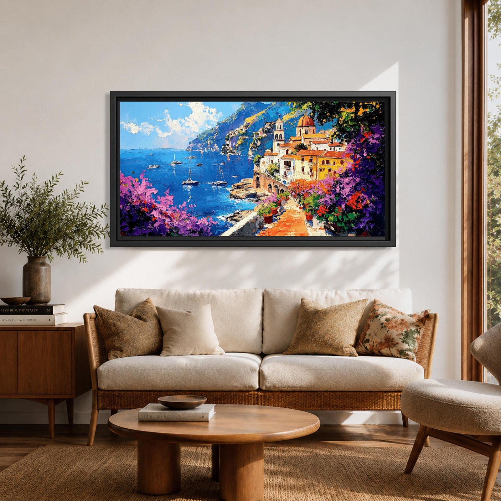 Panoramic painting of the Amalfi Coast featuring a colorful seaside village perched above deep blue Mediterranean water. Boats float across the bay while a stone path lined with blooming bougainvillea leads toward warm sunlit buildings and a domed church, with dramatic coastal cliffs and mountains rising in the distance.