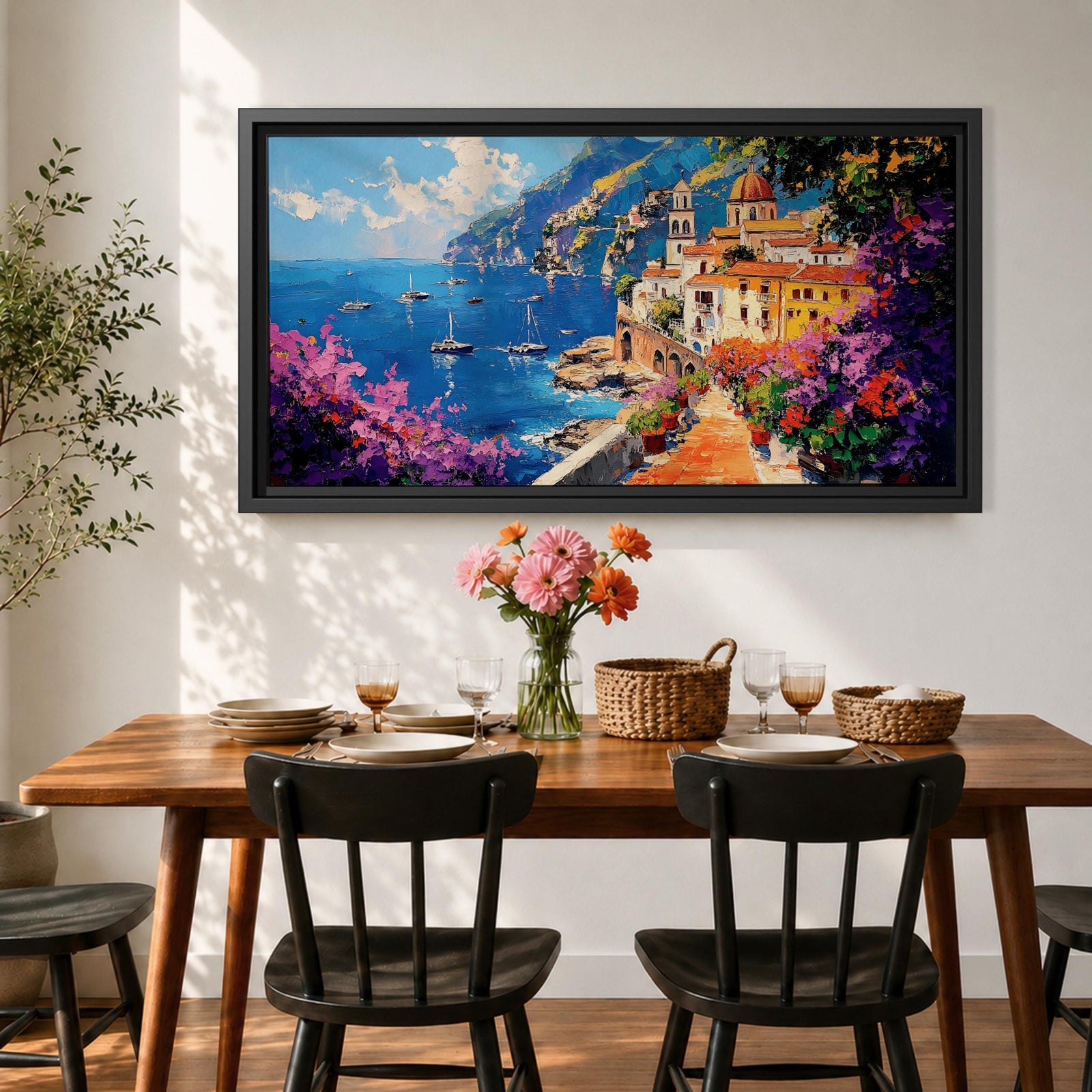 Panoramic painting of the Amalfi Coast featuring a colorful seaside village perched above deep blue Mediterranean water. Boats float across the bay while a stone path lined with blooming bougainvillea leads toward warm sunlit buildings and a domed church, with dramatic coastal cliffs and mountains rising in the distance.