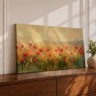 Panoramic painting of a wild poppy field filled with red blossoms scattered across tall grasses and soft meadow plants. The scene shows glowing golden light across the landscape with distant hills fading into a warm sky, while loose brushstrokes capture the movement of wildflowers spread across the field.