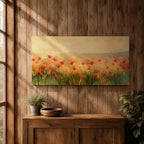 Panoramic painting of a wild poppy field filled with red blossoms scattered across tall grasses and soft meadow plants. The scene shows glowing golden light across the landscape with distant hills fading into a warm sky, while loose brushstrokes capture the movement of wildflowers spread across the field.