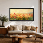 Panoramic painting of a wild poppy field filled with red blossoms scattered across tall grasses and soft meadow plants. The scene shows glowing golden light across the landscape with distant hills fading into a warm sky, while loose brushstrokes capture the movement of wildflowers spread across the field.