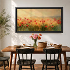 Panoramic painting of a wild poppy field filled with red blossoms scattered across tall grasses and soft meadow plants. The scene shows glowing golden light across the landscape with distant hills fading into a warm sky, while loose brushstrokes capture the movement of wildflowers spread across the field.