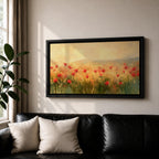 Panoramic painting of a wild poppy field filled with red blossoms scattered across tall grasses and soft meadow plants. The scene shows glowing golden light across the landscape with distant hills fading into a warm sky, while loose brushstrokes capture the movement of wildflowers spread across the field.