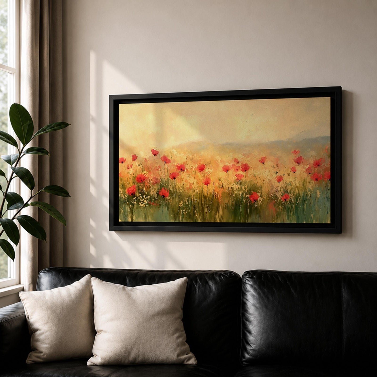 Panoramic painting of a wild poppy field filled with red blossoms scattered across tall grasses and soft meadow plants. The scene shows glowing golden light across the landscape with distant hills fading into a warm sky, while loose brushstrokes capture the movement of wildflowers spread across the field.