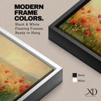 Panoramic painting of a wild poppy field filled with red blossoms scattered across tall grasses and soft meadow plants. The scene shows glowing golden light across the landscape with distant hills fading into a warm sky, while loose brushstrokes capture the movement of wildflowers spread across the field.