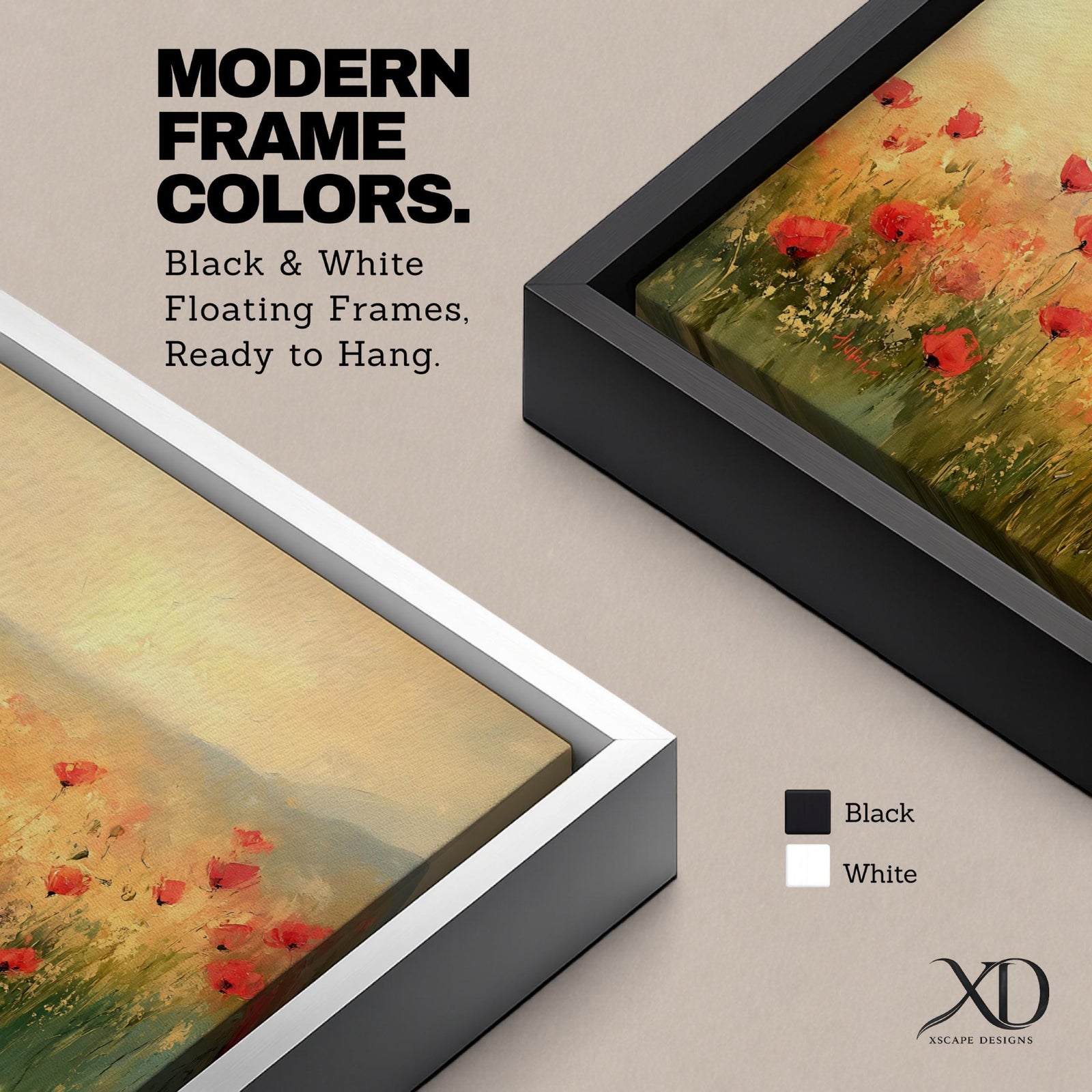 Panoramic painting of a wild poppy field filled with red blossoms scattered across tall grasses and soft meadow plants. The scene shows glowing golden light across the landscape with distant hills fading into a warm sky, while loose brushstrokes capture the movement of wildflowers spread across the field.