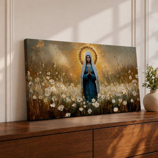 Panoramic painting depicting the Virgin Mary standing in a field of white flowers with hands gently clasped in prayer. A radiant golden halo surrounds her head while warm light fills the sky behind her, and soft brushstrokes capture flowing robes and delicate blossoms across the landscape.