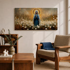 Panoramic painting depicting the Virgin Mary standing in a field of white flowers with hands gently clasped in prayer. A radiant golden halo surrounds her head while warm light fills the sky behind her, and soft brushstrokes capture flowing robes and delicate blossoms across the landscape.