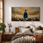 Panoramic painting depicting the Virgin Mary standing in a field of white flowers with hands gently clasped in prayer. A radiant golden halo surrounds her head while warm light fills the sky behind her, and soft brushstrokes capture flowing robes and delicate blossoms across the landscape.