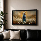 Panoramic painting depicting the Virgin Mary standing in a field of white flowers with hands gently clasped in prayer. A radiant golden halo surrounds her head while warm light fills the sky behind her, and soft brushstrokes capture flowing robes and delicate blossoms across the landscape.