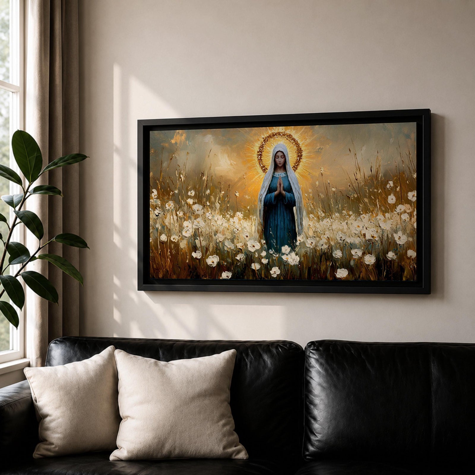 Panoramic painting depicting the Virgin Mary standing in a field of white flowers with hands gently clasped in prayer. A radiant golden halo surrounds her head while warm light fills the sky behind her, and soft brushstrokes capture flowing robes and delicate blossoms across the landscape.