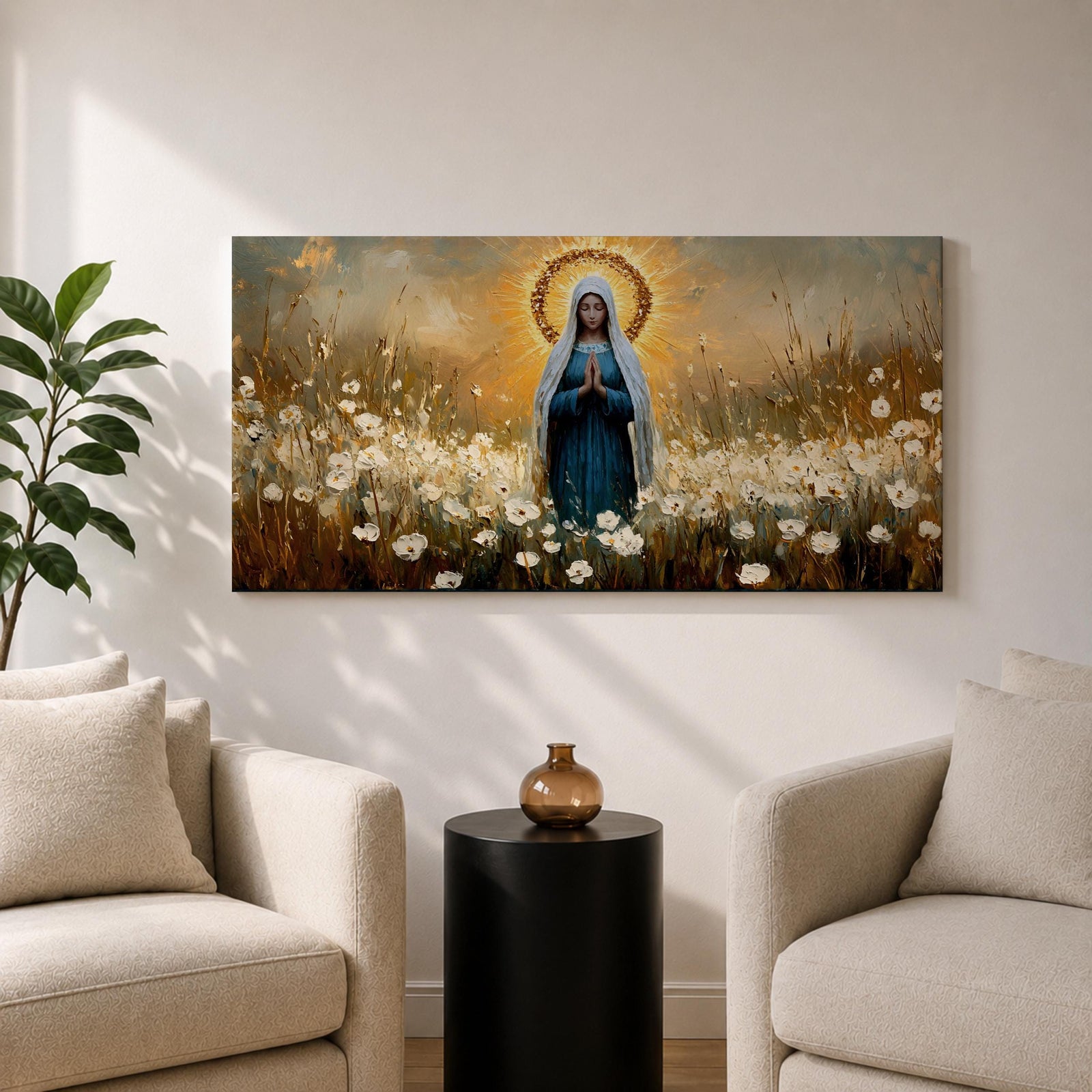 Panoramic painting depicting the Virgin Mary standing in a field of white flowers with hands gently clasped in prayer. A radiant golden halo surrounds her head while warm light fills the sky behind her, and soft brushstrokes capture flowing robes and delicate blossoms across the landscape.