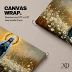 Panoramic painting depicting the Virgin Mary standing in a field of white flowers with hands gently clasped in prayer. A radiant golden halo surrounds her head while warm light fills the sky behind her, and soft brushstrokes capture flowing robes and delicate blossoms across the landscape.