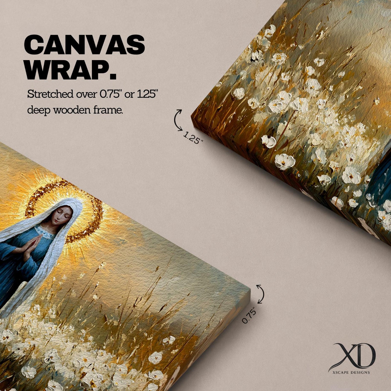 Panoramic painting depicting the Virgin Mary standing in a field of white flowers with hands gently clasped in prayer. A radiant golden halo surrounds her head while warm light fills the sky behind her, and soft brushstrokes capture flowing robes and delicate blossoms across the landscape.