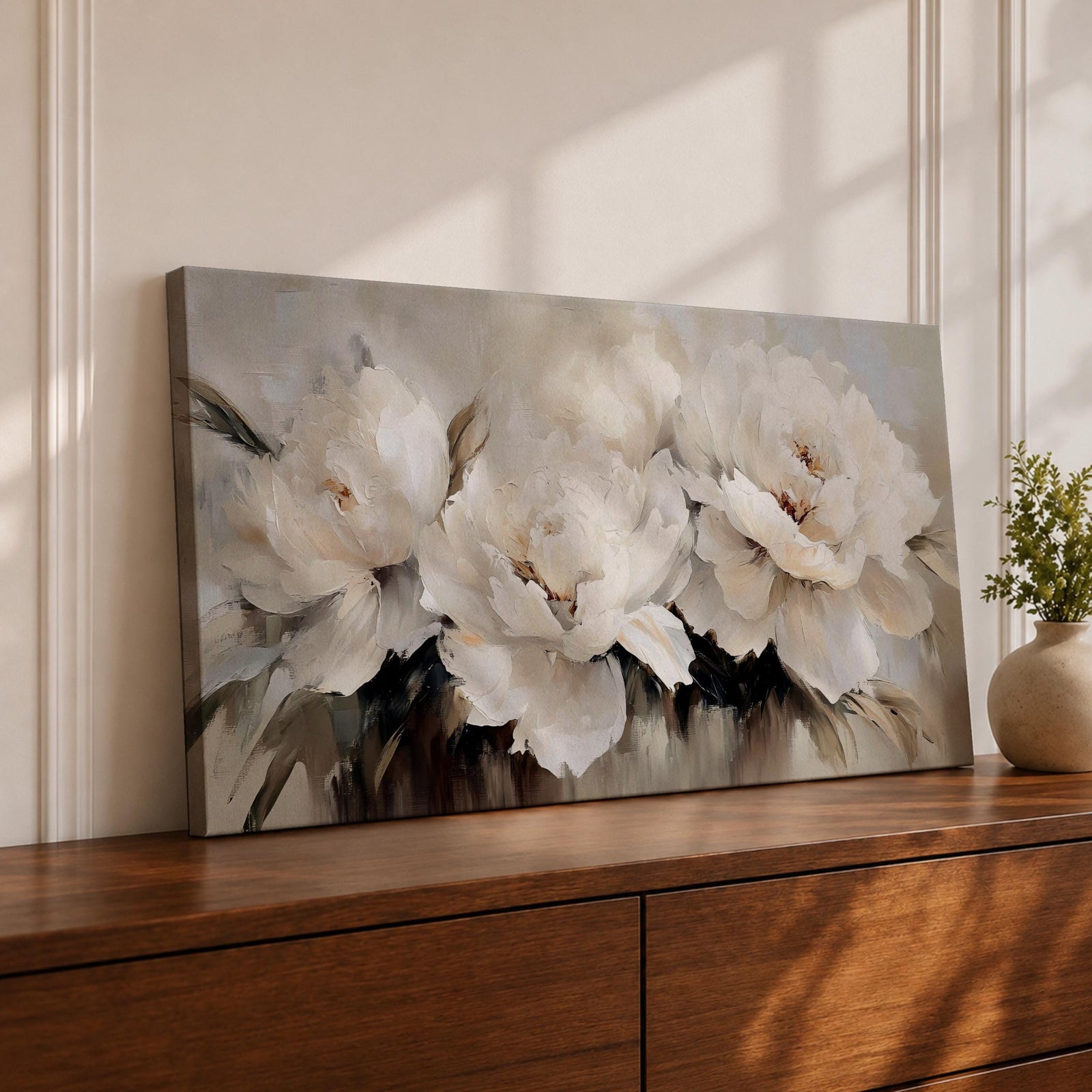 Panoramic floral painting featuring large white peony blossoms with layered petals spreading across the composition. Soft neutral tones and textured brushstrokes emphasize the delicate petals and dark stems beneath, creating depth while the blooms appear clustered together in a flowing horizontal arrangement.
