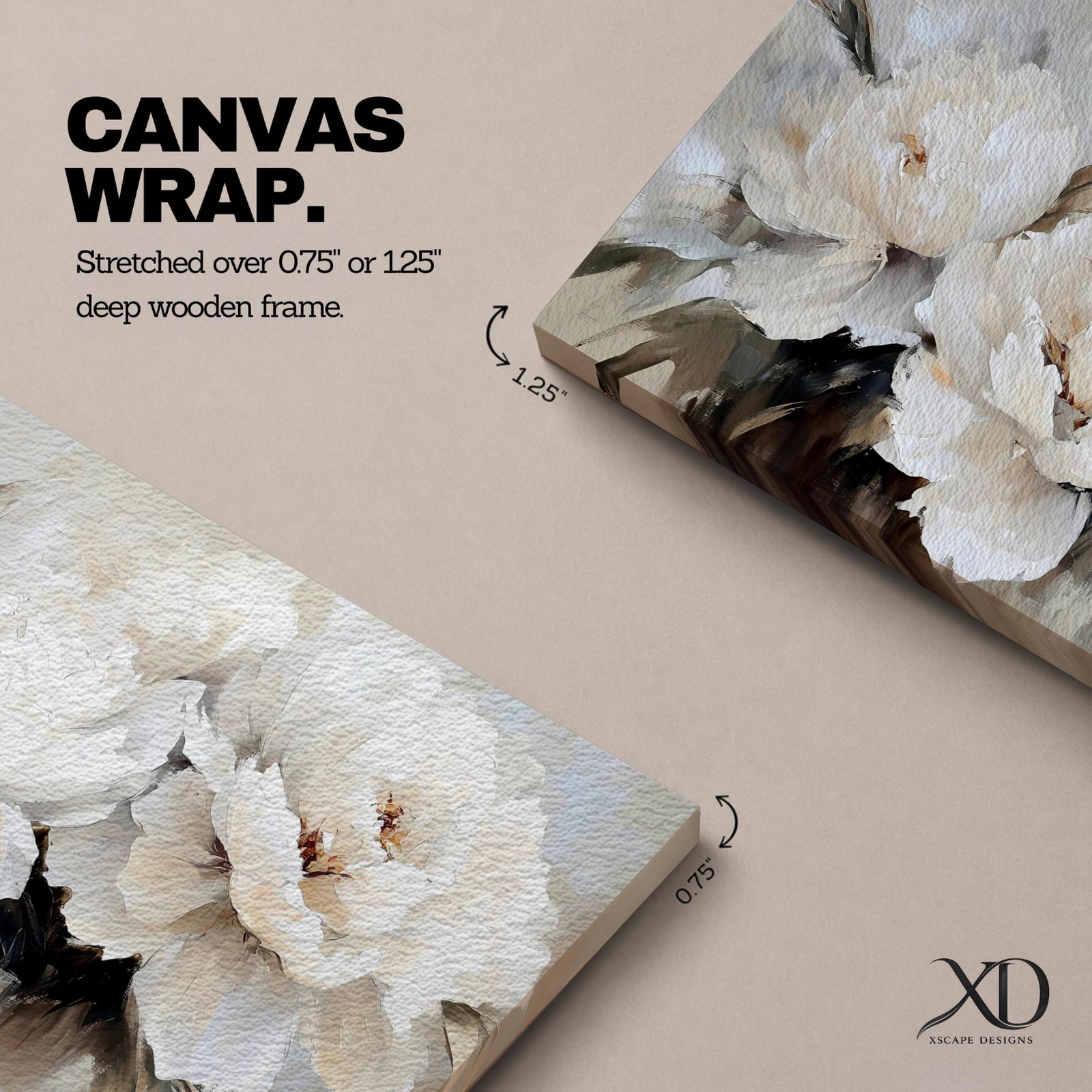 Panoramic floral painting featuring large white peony blossoms with layered petals spreading across the composition. Soft neutral tones and textured brushstrokes emphasize the delicate petals and dark stems beneath, creating depth while the blooms appear clustered together in a flowing horizontal arrangement.