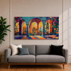 Panoramic artwork depicting ornate Moorish arches opening into a vibrant garden courtyard filled with colorful flowers and trees. Decorative tiled columns frame the arches while warm sunlight streams through, casting multicolored reflections across the floor and highlighting the detailed Islamic architectural patterns.