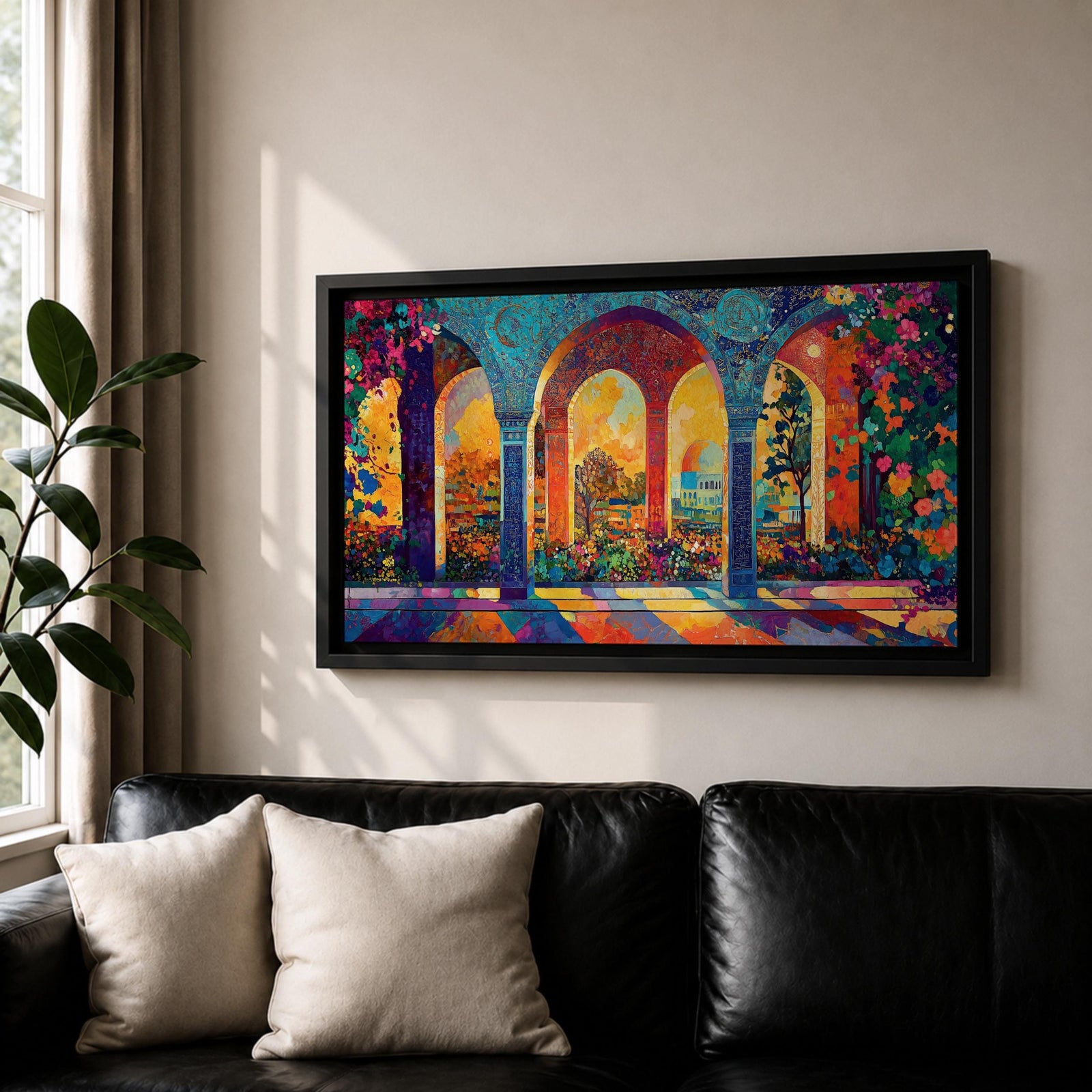 Panoramic artwork depicting ornate Moorish arches opening into a vibrant garden courtyard filled with colorful flowers and trees. Decorative tiled columns frame the arches while warm sunlight streams through, casting multicolored reflections across the floor and highlighting the detailed Islamic architectural patterns.