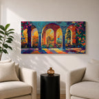 Panoramic artwork depicting ornate Moorish arches opening into a vibrant garden courtyard filled with colorful flowers and trees. Decorative tiled columns frame the arches while warm sunlight streams through, casting multicolored reflections across the floor and highlighting the detailed Islamic architectural patterns.