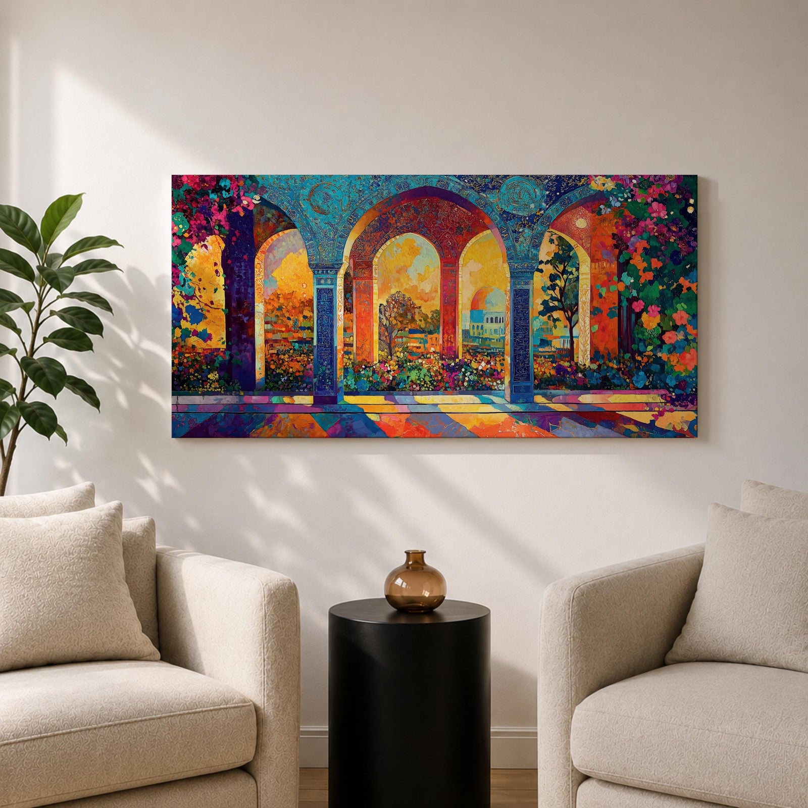 Panoramic artwork depicting ornate Moorish arches opening into a vibrant garden courtyard filled with colorful flowers and trees. Decorative tiled columns frame the arches while warm sunlight streams through, casting multicolored reflections across the floor and highlighting the detailed Islamic architectural patterns.