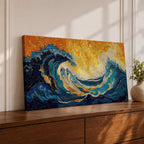 Panoramic abstract painting showing a powerful ocean swell curling across the composition with layered brushstrokes of deep blue, turquoise, and white foam. A glowing golden sky fills the background while textured swirling paint emphasizes the energy and movement of the sea.