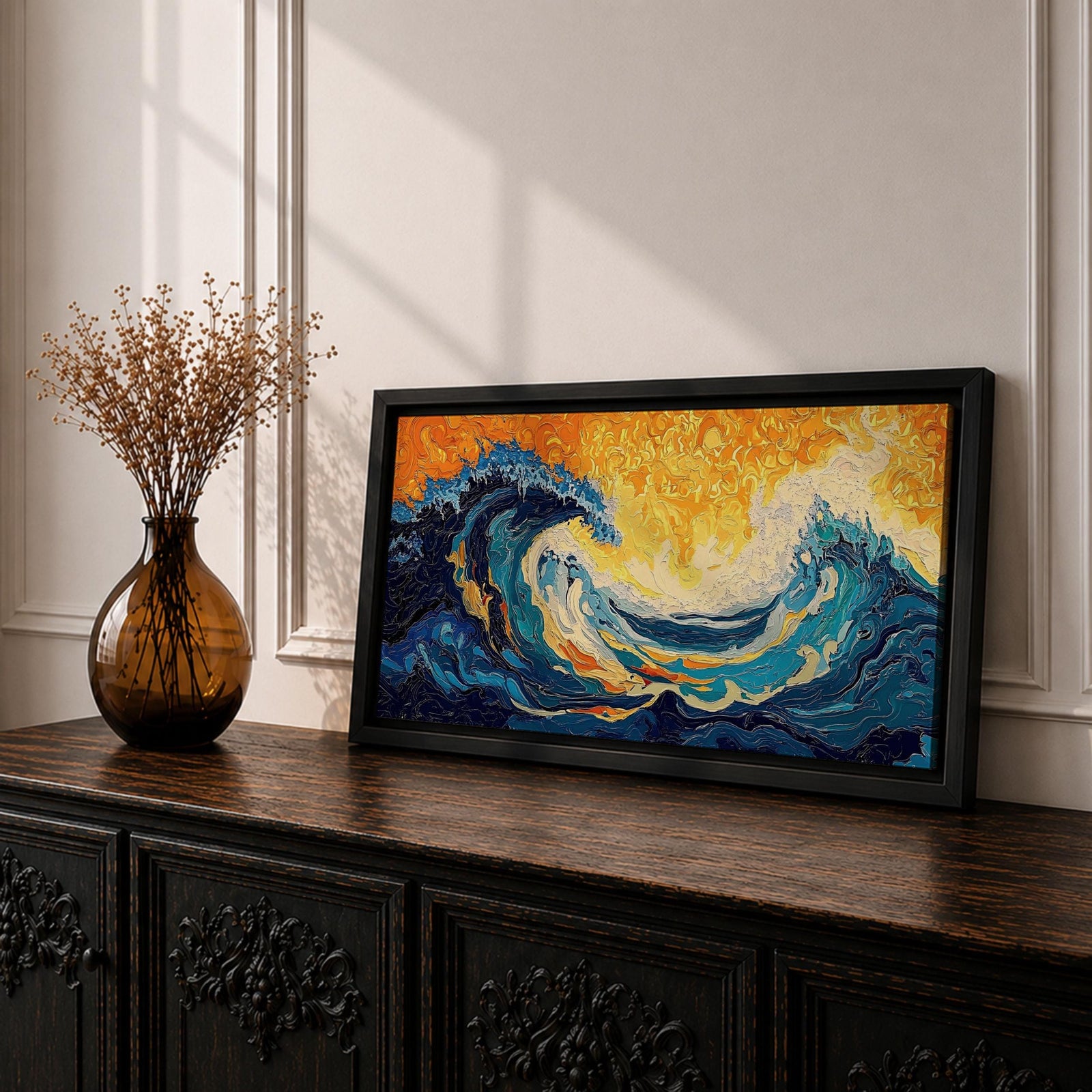 Panoramic abstract painting showing a powerful ocean swell curling across the composition with layered brushstrokes of deep blue, turquoise, and white foam. A glowing golden sky fills the background while textured swirling paint emphasizes the energy and movement of the sea.