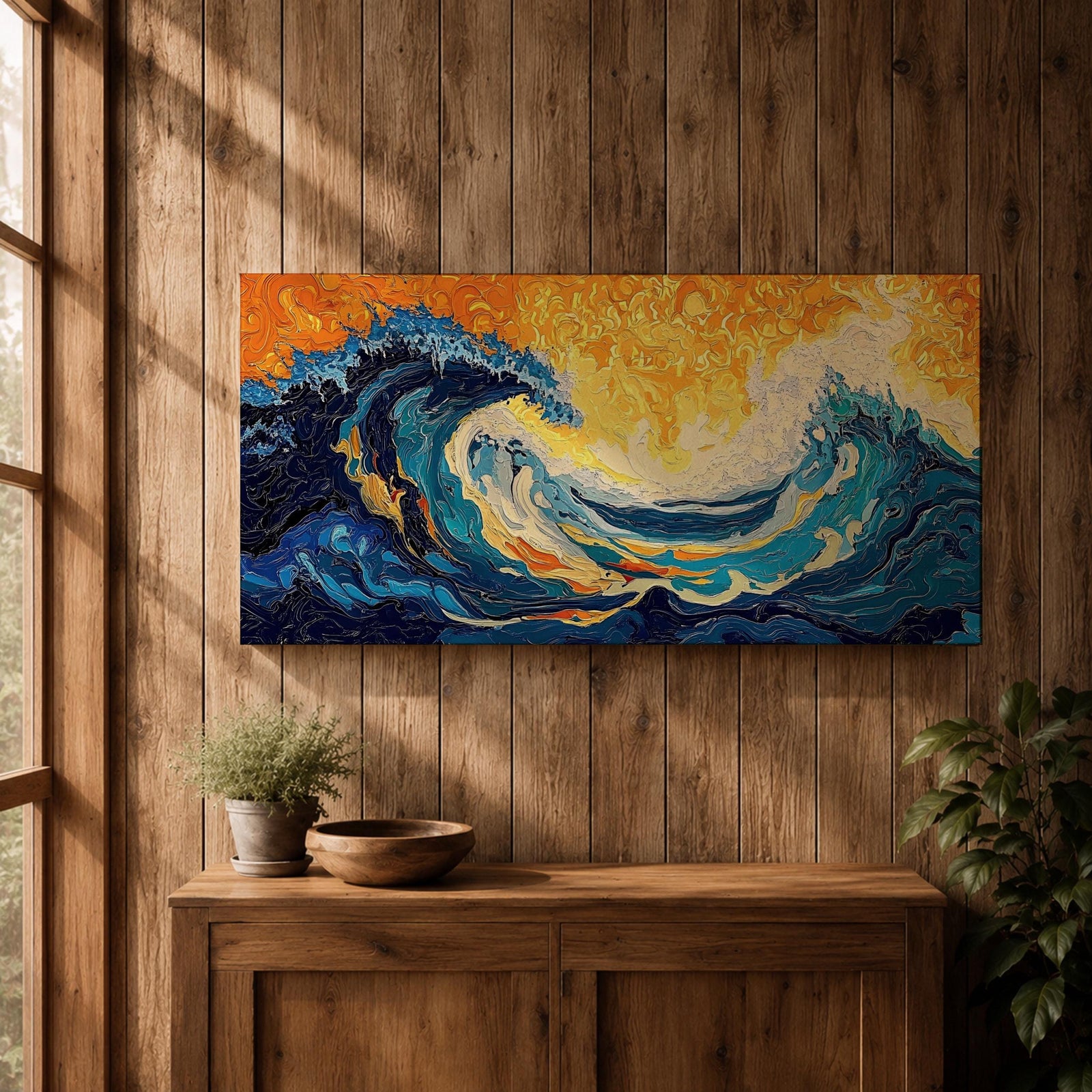 Panoramic abstract painting showing a powerful ocean swell curling across the composition with layered brushstrokes of deep blue, turquoise, and white foam. A glowing golden sky fills the background while textured swirling paint emphasizes the energy and movement of the sea.