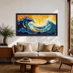 Panoramic abstract painting showing a powerful ocean swell curling across the composition with layered brushstrokes of deep blue, turquoise, and white foam. A glowing golden sky fills the background while textured swirling paint emphasizes the energy and movement of the sea.