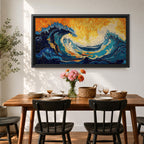 Panoramic abstract painting showing a powerful ocean swell curling across the composition with layered brushstrokes of deep blue, turquoise, and white foam. A glowing golden sky fills the background while textured swirling paint emphasizes the energy and movement of the sea.
