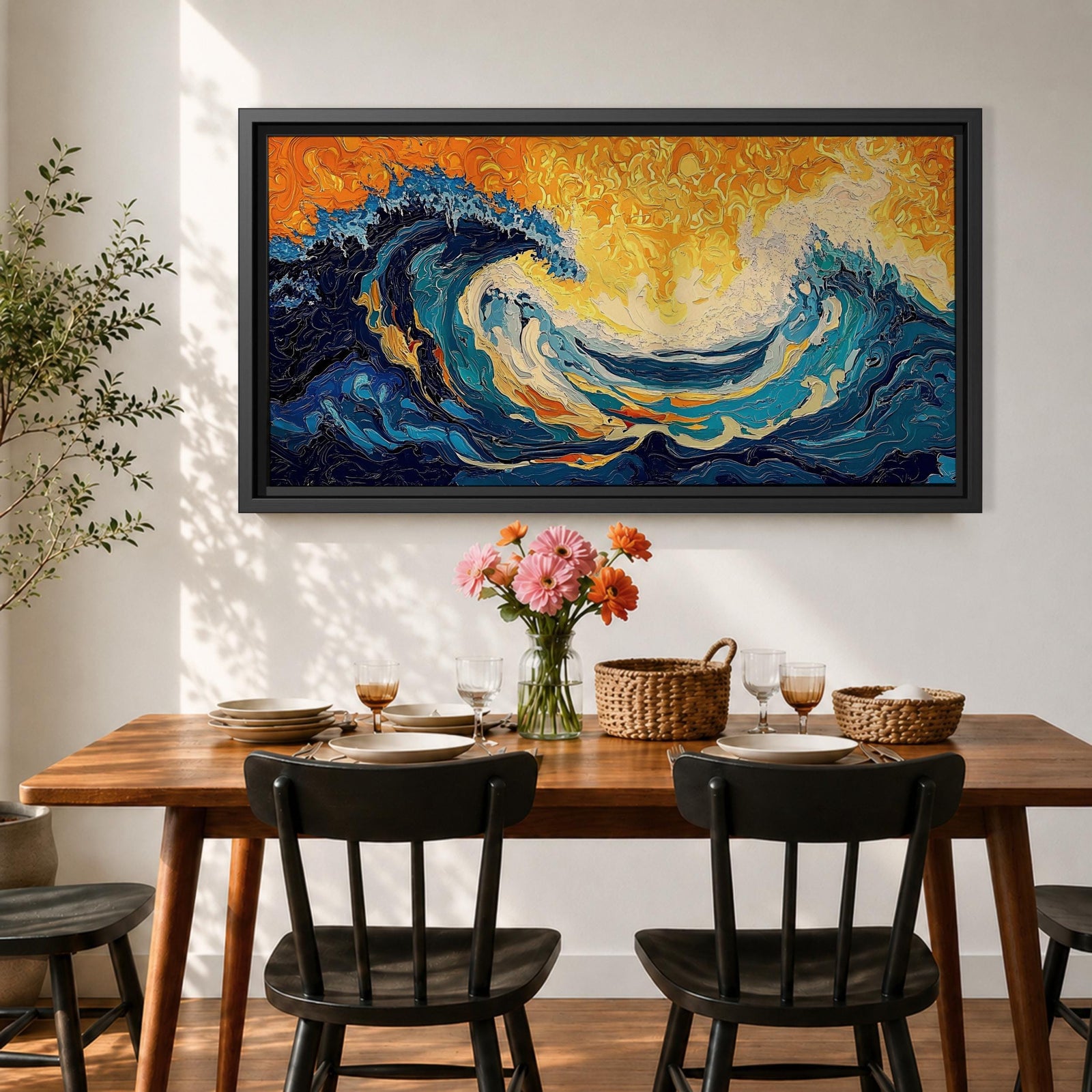 Panoramic abstract painting showing a powerful ocean swell curling across the composition with layered brushstrokes of deep blue, turquoise, and white foam. A glowing golden sky fills the background while textured swirling paint emphasizes the energy and movement of the sea.