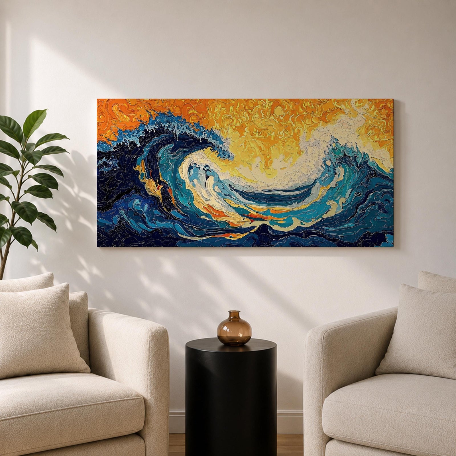 Panoramic abstract painting showing a powerful ocean swell curling across the composition with layered brushstrokes of deep blue, turquoise, and white foam. A glowing golden sky fills the background while textured swirling paint emphasizes the energy and movement of the sea.