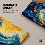 Panoramic abstract painting showing a powerful ocean swell curling across the composition with layered brushstrokes of deep blue, turquoise, and white foam. A glowing golden sky fills the background while textured swirling paint emphasizes the energy and movement of the sea.