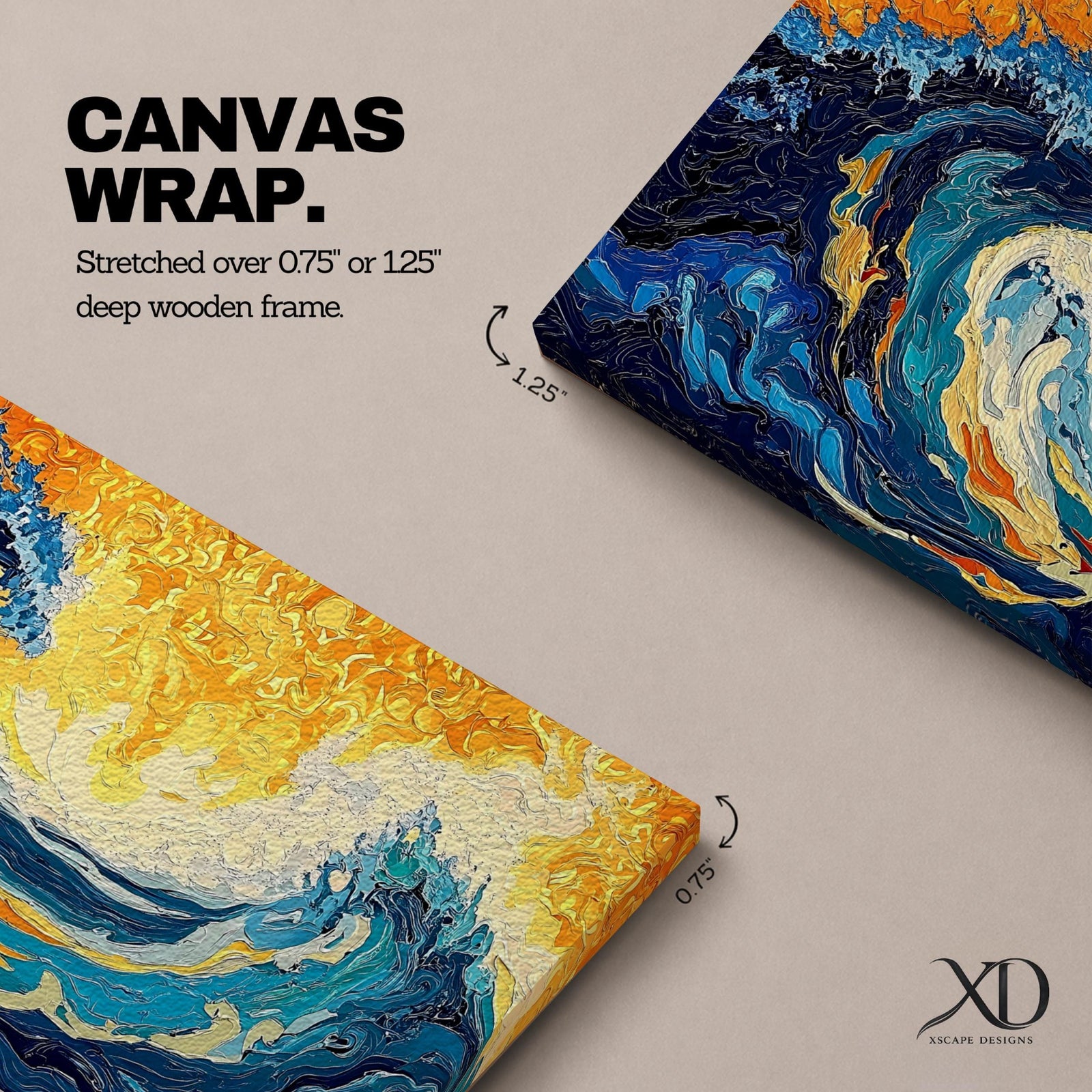 Panoramic abstract painting showing a powerful ocean swell curling across the composition with layered brushstrokes of deep blue, turquoise, and white foam. A glowing golden sky fills the background while textured swirling paint emphasizes the energy and movement of the sea.