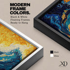 Panoramic abstract painting showing a powerful ocean swell curling across the composition with layered brushstrokes of deep blue, turquoise, and white foam. A glowing golden sky fills the background while textured swirling paint emphasizes the energy and movement of the sea.