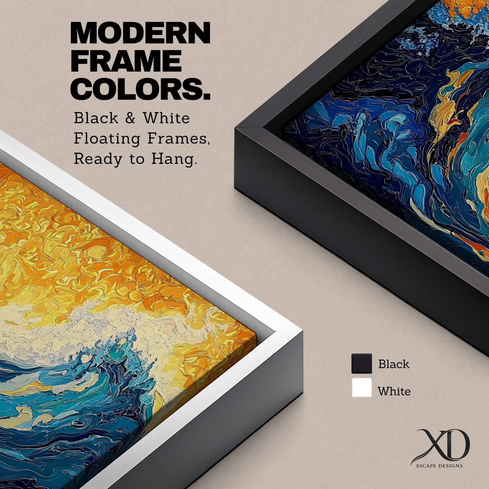 Panoramic abstract painting showing a powerful ocean swell curling across the composition with layered brushstrokes of deep blue, turquoise, and white foam. A glowing golden sky fills the background while textured swirling paint emphasizes the energy and movement of the sea.