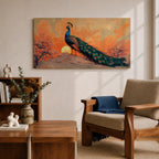 Panoramic artwork depicting a peacock standing on a rocky hill with its long iridescent tail feathers flowing behind it. The bird faces a glowing sunset with warm orange clouds and soft light illuminating the detailed blue and green plumage while flowering trees frame the scene.