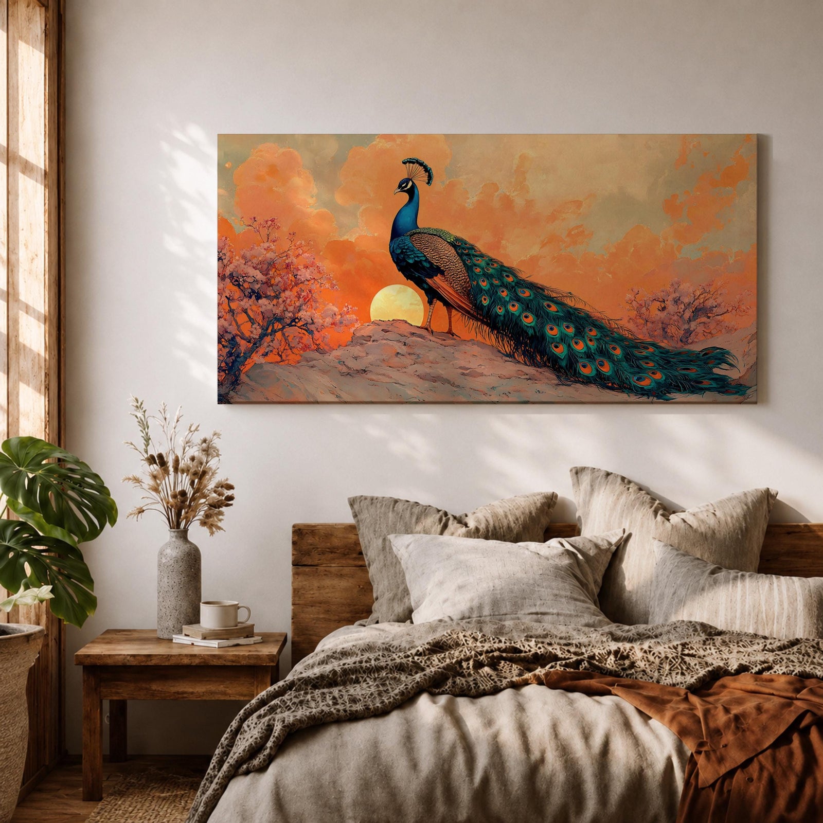 Panoramic artwork depicting a peacock standing on a rocky hill with its long iridescent tail feathers flowing behind it. The bird faces a glowing sunset with warm orange clouds and soft light illuminating the detailed blue and green plumage while flowering trees frame the scene.