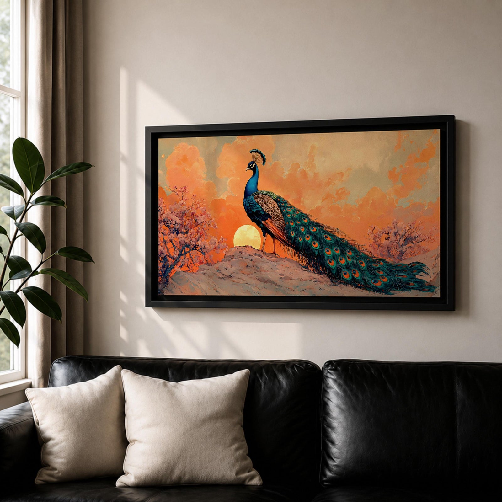 Panoramic artwork depicting a peacock standing on a rocky hill with its long iridescent tail feathers flowing behind it. The bird faces a glowing sunset with warm orange clouds and soft light illuminating the detailed blue and green plumage while flowering trees frame the scene.