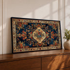 Panoramic artwork inspired by a traditional Persian rug featuring an ornate central medallion with a peacock motif surrounded by dense floral patterns and intricate symmetrical borders. Deep navy, gold, and red tones fill the carpet design with repeating ornamental motifs typical of classic Persian textile craftsmanship.