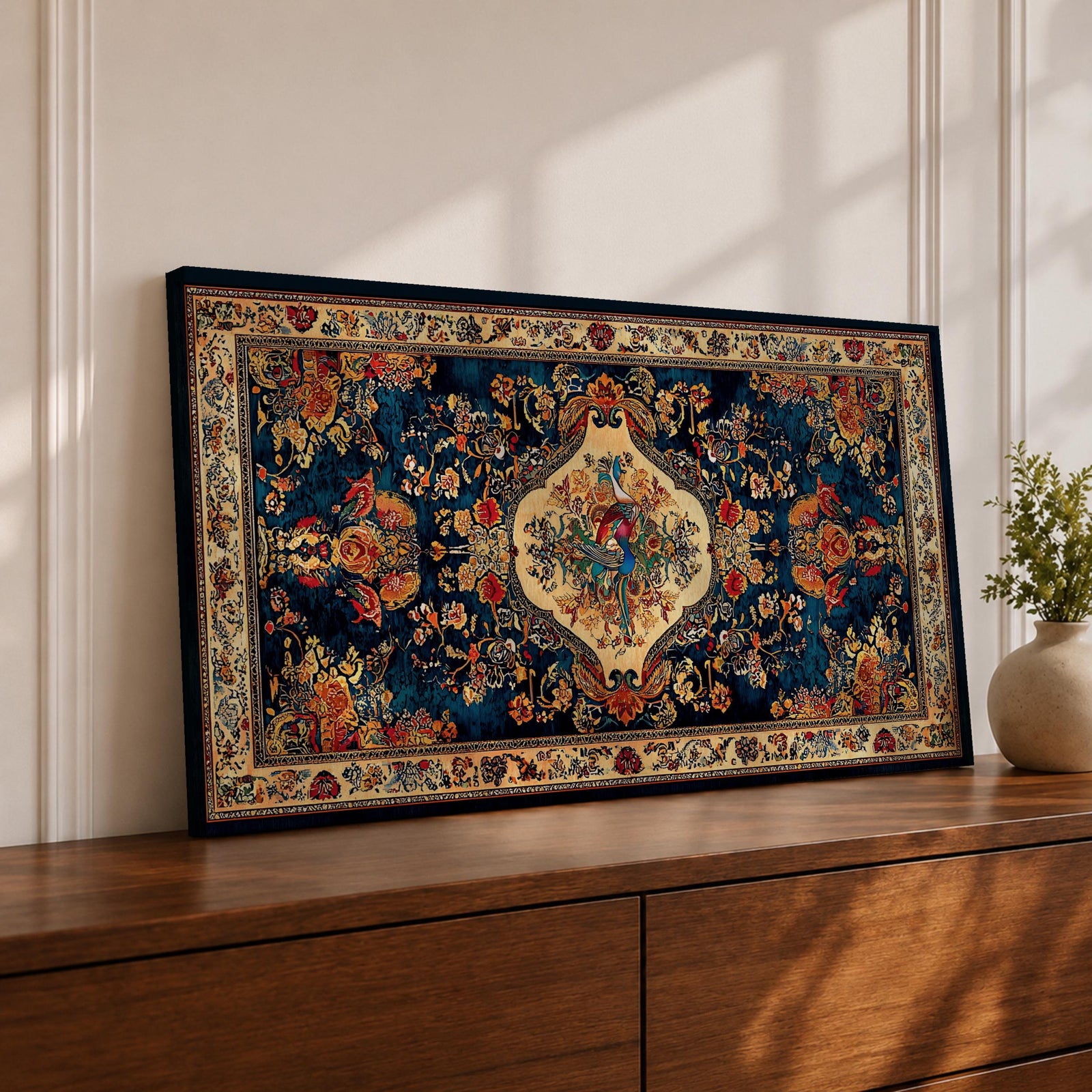 Panoramic artwork inspired by a traditional Persian rug featuring an ornate central medallion with a peacock motif surrounded by dense floral patterns and intricate symmetrical borders. Deep navy, gold, and red tones fill the carpet design with repeating ornamental motifs typical of classic Persian textile craftsmanship.