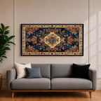 Panoramic artwork inspired by a traditional Persian rug featuring an ornate central medallion with a peacock motif surrounded by dense floral patterns and intricate symmetrical borders. Deep navy, gold, and red tones fill the carpet design with repeating ornamental motifs typical of classic Persian textile craftsmanship.