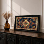 Panoramic artwork inspired by a traditional Persian rug featuring an ornate central medallion with a peacock motif surrounded by dense floral patterns and intricate symmetrical borders. Deep navy, gold, and red tones fill the carpet design with repeating ornamental motifs typical of classic Persian textile craftsmanship.