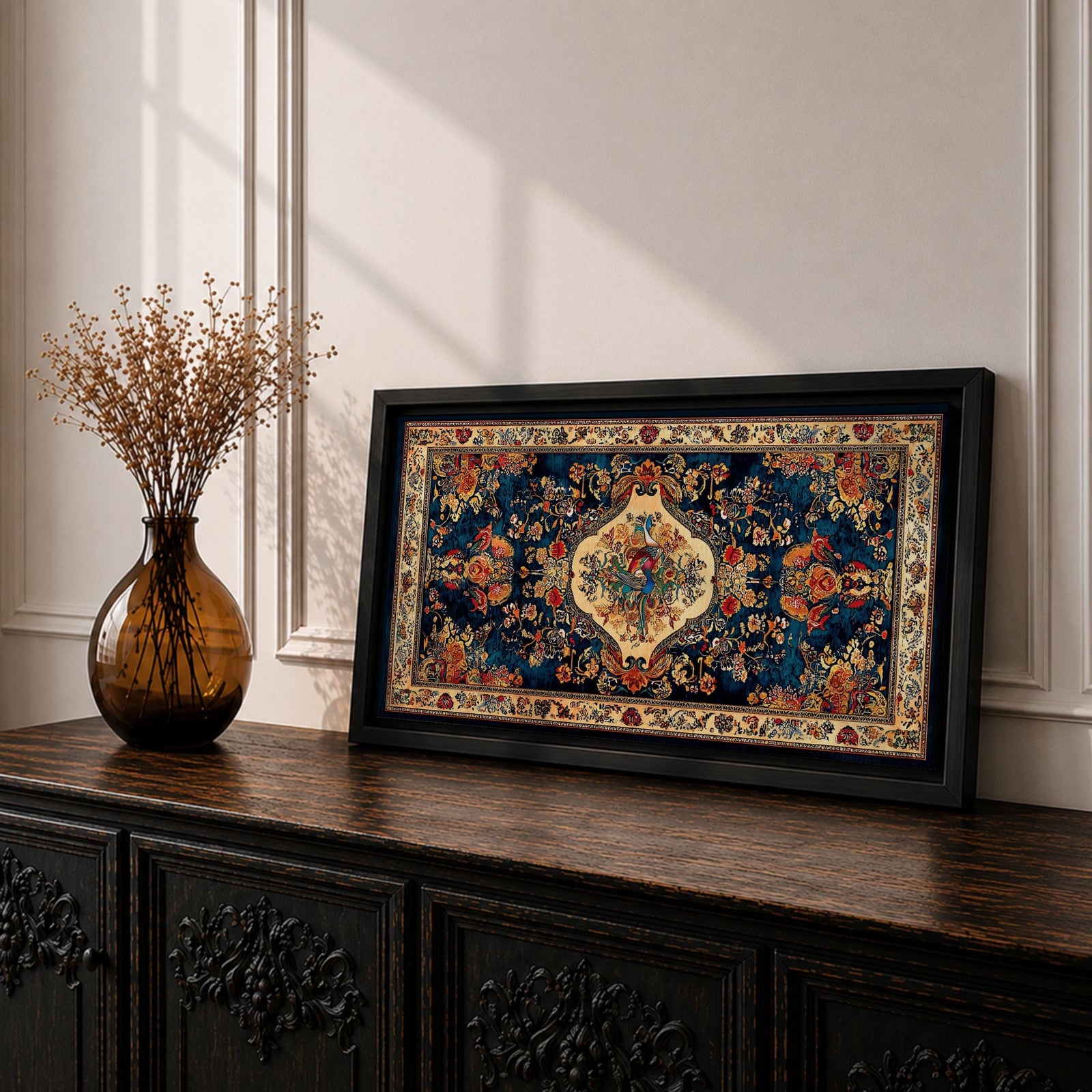 Panoramic artwork inspired by a traditional Persian rug featuring an ornate central medallion with a peacock motif surrounded by dense floral patterns and intricate symmetrical borders. Deep navy, gold, and red tones fill the carpet design with repeating ornamental motifs typical of classic Persian textile craftsmanship.