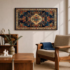 Panoramic artwork inspired by a traditional Persian rug featuring an ornate central medallion with a peacock motif surrounded by dense floral patterns and intricate symmetrical borders. Deep navy, gold, and red tones fill the carpet design with repeating ornamental motifs typical of classic Persian textile craftsmanship.