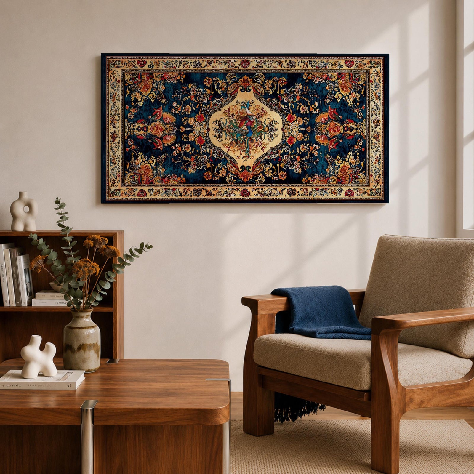 Panoramic artwork inspired by a traditional Persian rug featuring an ornate central medallion with a peacock motif surrounded by dense floral patterns and intricate symmetrical borders. Deep navy, gold, and red tones fill the carpet design with repeating ornamental motifs typical of classic Persian textile craftsmanship.